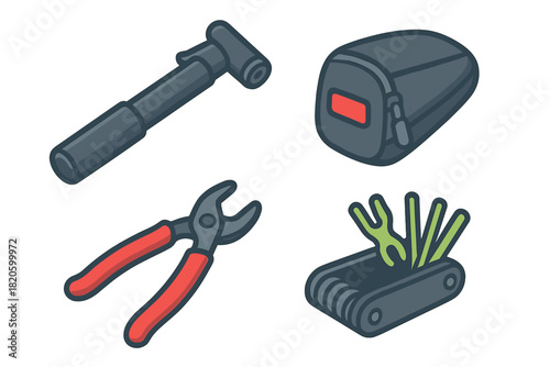 Essential bicycle repair kit with pump, pliers, multi-tool, and storage bag