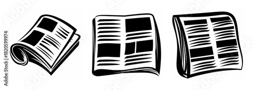 Set of three black and white newspaper pages showing headlines and text in a sketch style