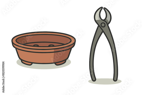Bonsai cultivation tools including ceramic training pot and specialized concave cutters