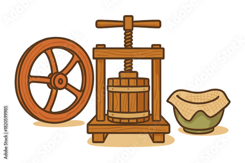 Vintage wooden fruit press mechanism with a large wheel and filtering bowl