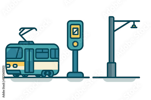 Modern public transportation tram car traveling through the city street next to a traffic signal light and lamp post