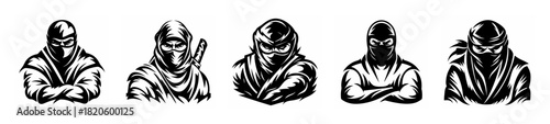Five stylized busts of mysterious ninjas in traditional attire evoking ancient japan warriors