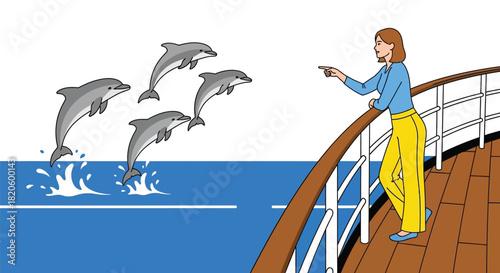 Woman pointing at dolphins jumping from cruise ship ocean travel