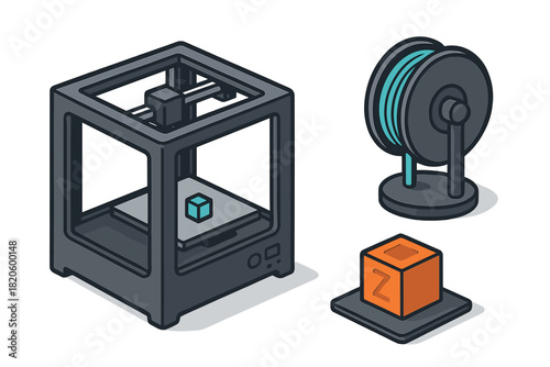 Isometric 3D printing setup with a printer, filament spool, and finished prototype object