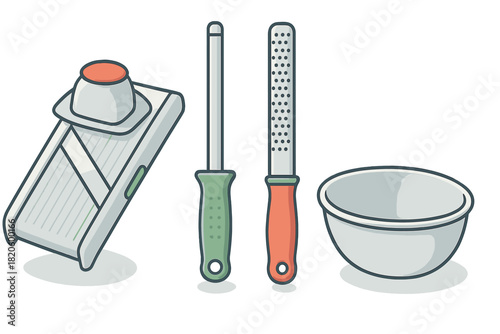 Kitchen utensils set with mandoline slicer, grater, sharpening rod, and mixing bowl