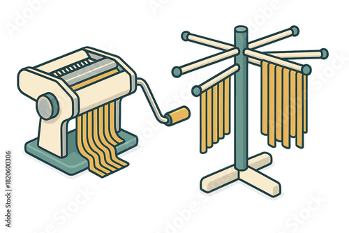 Traditional pasta maker machine and rotating drying rack stand for fresh noodles