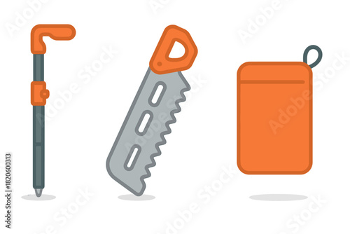 Essential outdoor adventure gear set featuring a hiking pole, compact hand saw, and storage bag