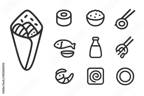 Collection of minimalist black outline icons representing various Japanese food and sushi elements