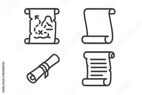 Scroll symbols set with treasure map, blank parchment, rolled document, and ancient manuscript