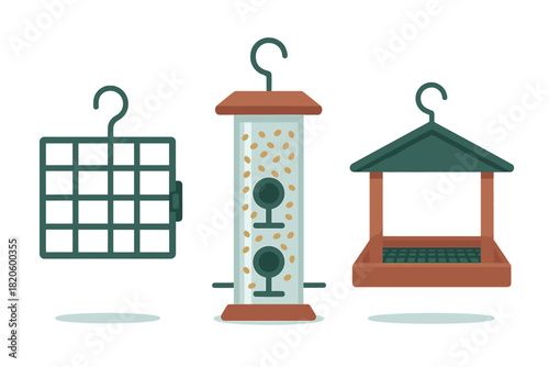 Set of different bird feeders: suet cage, tube feeder, and hopper design
