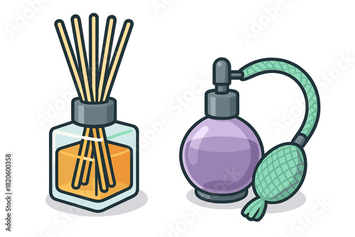 Aroma reed diffuser and vintage perfume atomizer bottle set on white background