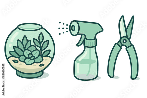 Essential tools and supplies for indoor gardening including a terrarium, spray bottle, and pruning shears