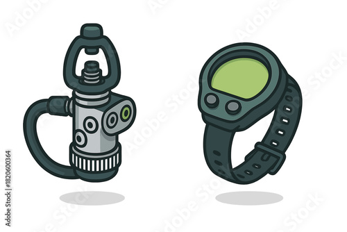 High-pressure scuba diving regulator and modern digital wrist computer set