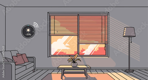 Smart Home Interior With Voice Assistant Device And Sunset View