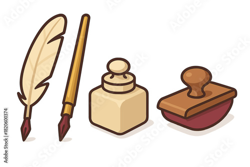 Vintage writing tools set with quill pen, dip pen, inkwell, and ink blotter