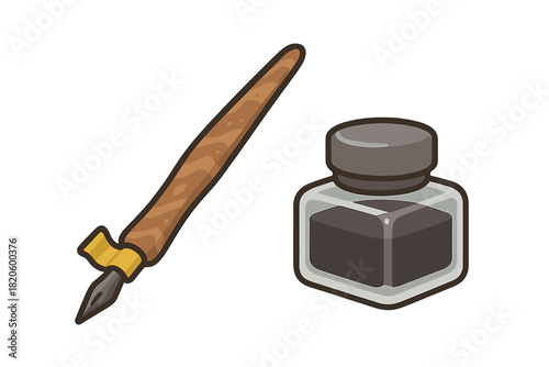 Classic wooden dip pen and square glass ink bottle filled with black ink