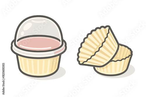 Disposable plastic dessert cup with dome lid and empty paper cupcake liners