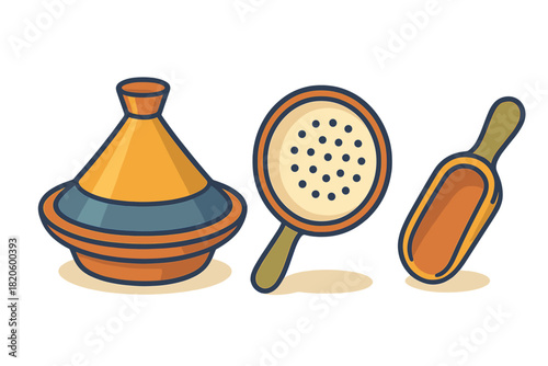 Moroccan cooking tools collection featuring a tagine pot, sifter, and serving scoop