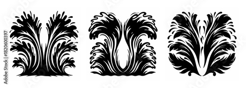 Abstract ink splash designs featuring organic swirls and flourishes perfect for decorative accents