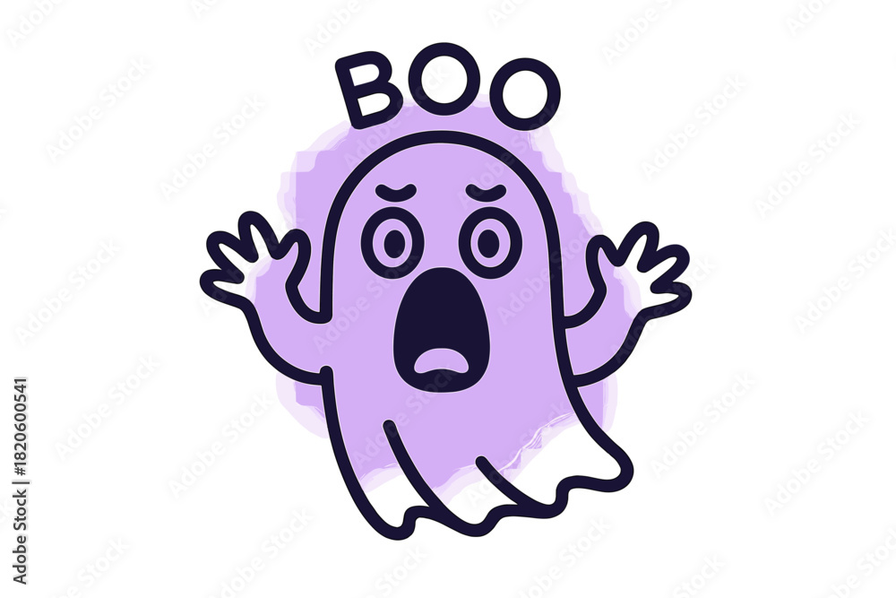 Fototapeta premium Purple ghost character shouting BOO with surprised expression and raised arms