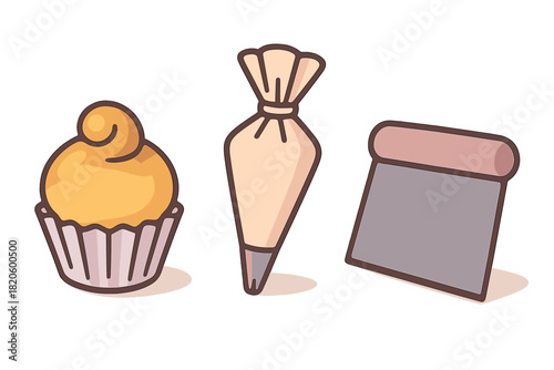 Essential baking equipment featuring a frosted cupcake, icing bag, and dough scraper
