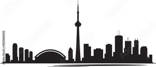 Black silhouette of city landscape with tower and modern structures on transparent