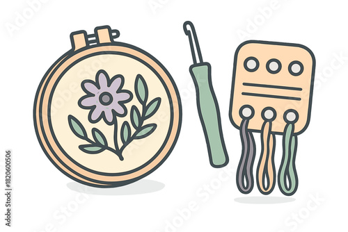 Embroidery hoop with floral design, punch needle tool, and thread card for crafting