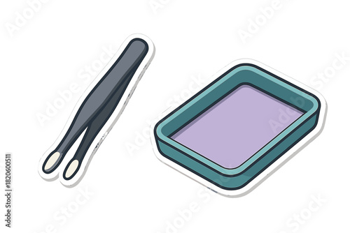 Professional metal tweezers and small plastic container for cosmetic and medical procedures