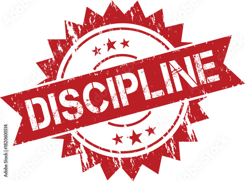 Red grunge style circular stamp with "DISCIPLINE" text and stars on a white background.