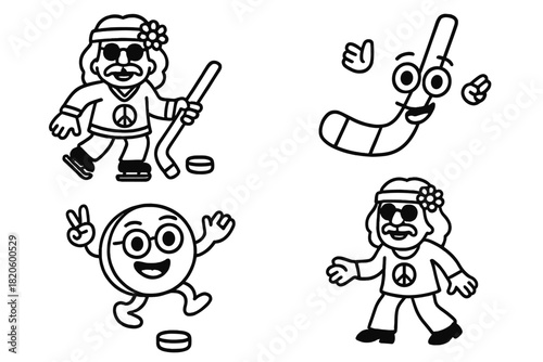 Cartoon set of hippie hockey player character and anthropomorphic sports equipment puck and stick