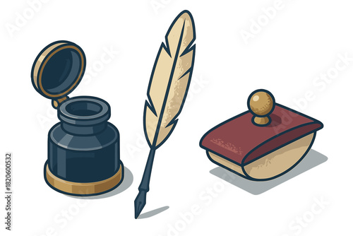 Vintage writing set featuring an open inkwell, a classic quill pen, and a traditional rocker blotter