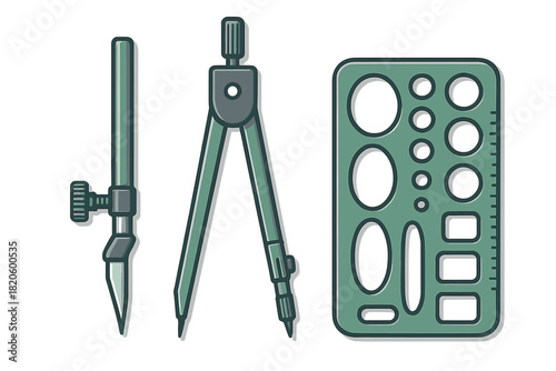 Drafting tools set including compass, ruling pen, and geometric shape template