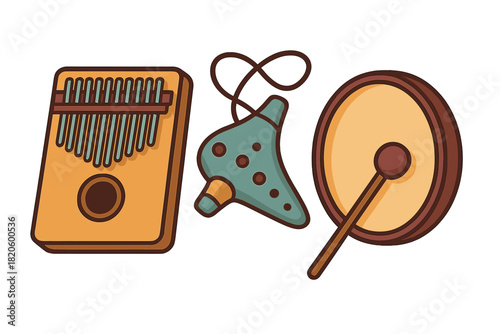 Traditional folk musical instruments set including kalimba, ocarina, and hand drum