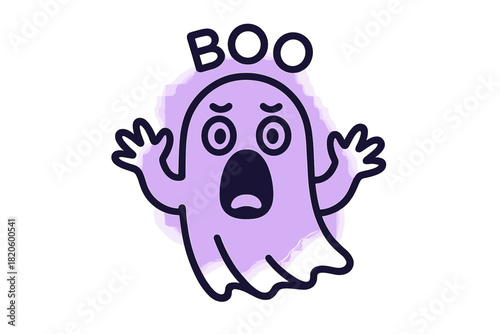 Purple ghost character shouting BOO with surprised expression and raised arms