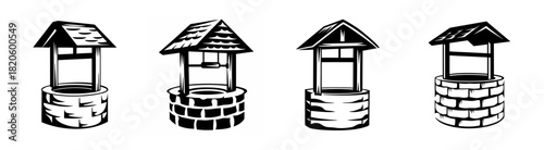 Vintage sketch style drawings of four classic stone and wood wishing wells with roofs