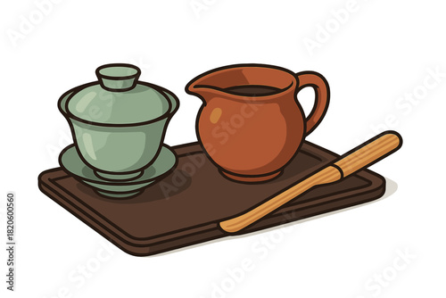 Traditional Chinese tea ceremony set including a gaiwan, fairness pitcher, and wooden scoop on a serving tray