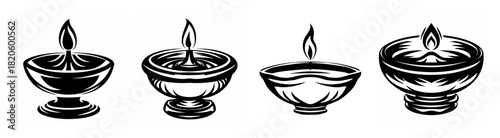 Four detailed line drawings of traditional oil lamps with lit flames showcasing diverse cultural designs