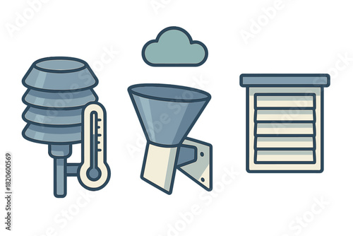 Set of weather station equipment icons including thermometer, rain gauge, and instrument shelter