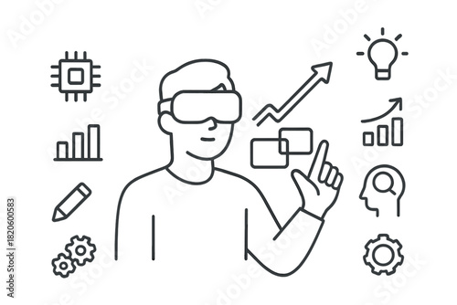 Virtual reality user interacting with data analysis and business growth icons