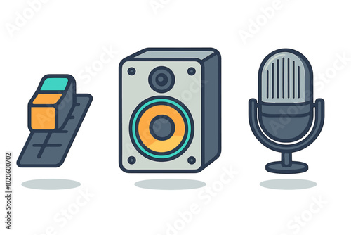 Collection of Icons Featuring a Microphone, Studio Speaker, and Construction Float Tool