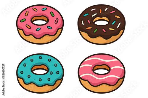 A collection of four colorful sweet glazed donuts featuring various toppings and sprinkles on white