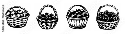 Four detailed line art drawings of woven baskets filled with fresh fruit showcasing orchard harvest
