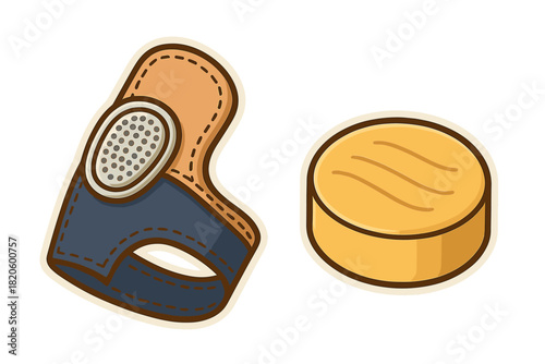 Stylized protective gear pad with stitching detail and a round yellow object icon