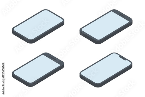 Generic mobile phones in isometric perspective with empty screens for design mockups