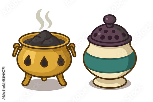 Golden tripod censer with smoking charcoal and decorative ceramic incense jar