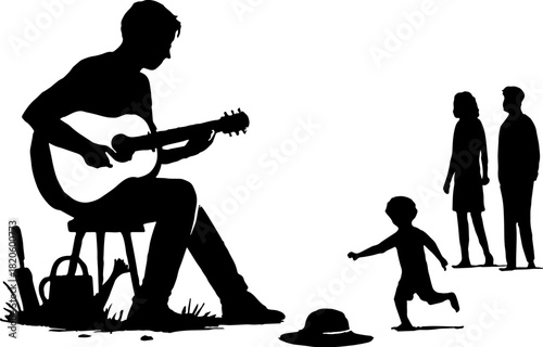 Silhouettes of a musician playing guitar on a bustling sidewalk in front of family and a child running vector with white background  