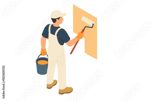 Worker in uniform painting interior wall with roller and carrying a bucket of liquid paint