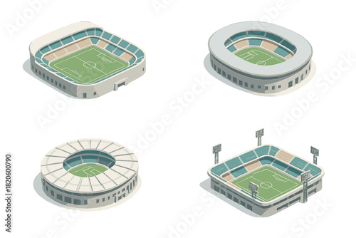 Different architectural styles of modern isometric sports arenas and football stadiums