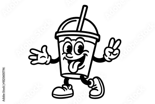 Classic rubber hose style walking beverage cup character with happy expression