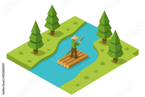Person in conical hat floating on a wooden raft down a winding river surrounded by evergreen trees